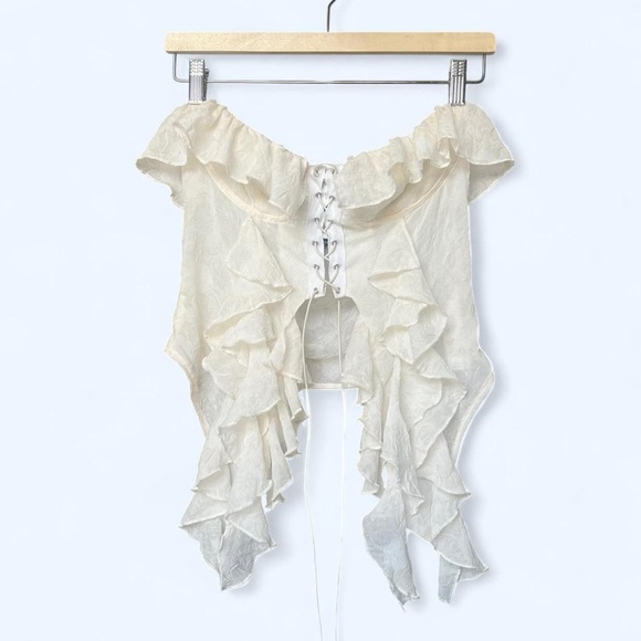 PrettyLittleThing Cream Lace-Up Ruffle Corset Top, US Size 6 - Picture 1 of 8